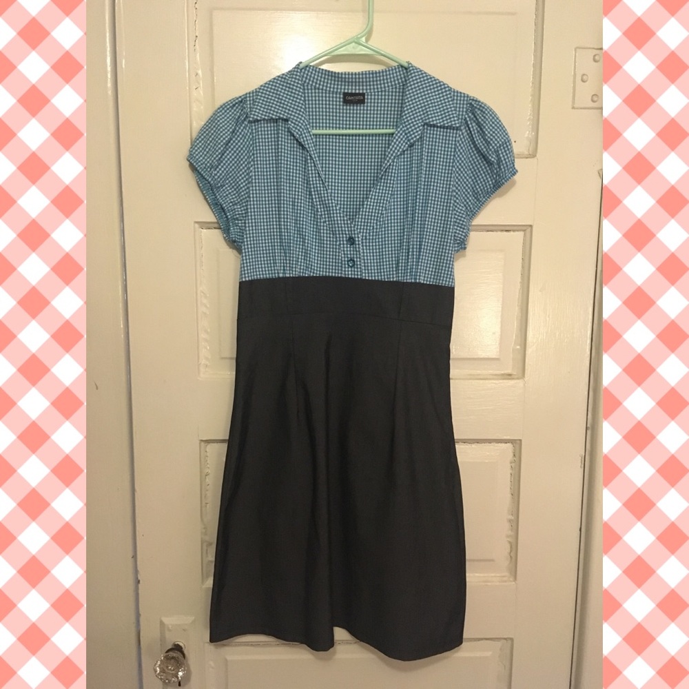 Blue Gingham and Grey Pencil Skirt Pinup Dress